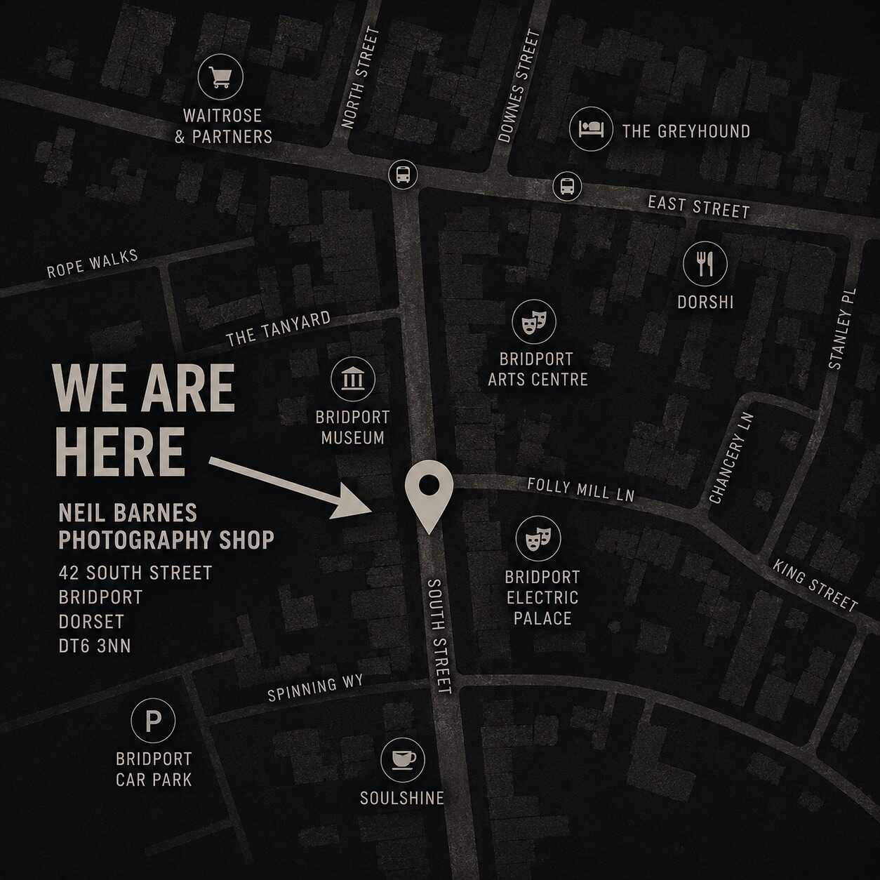 Map showing how to find Neil Barnes Photographic Print Shop at 42 South Street, Bridport
